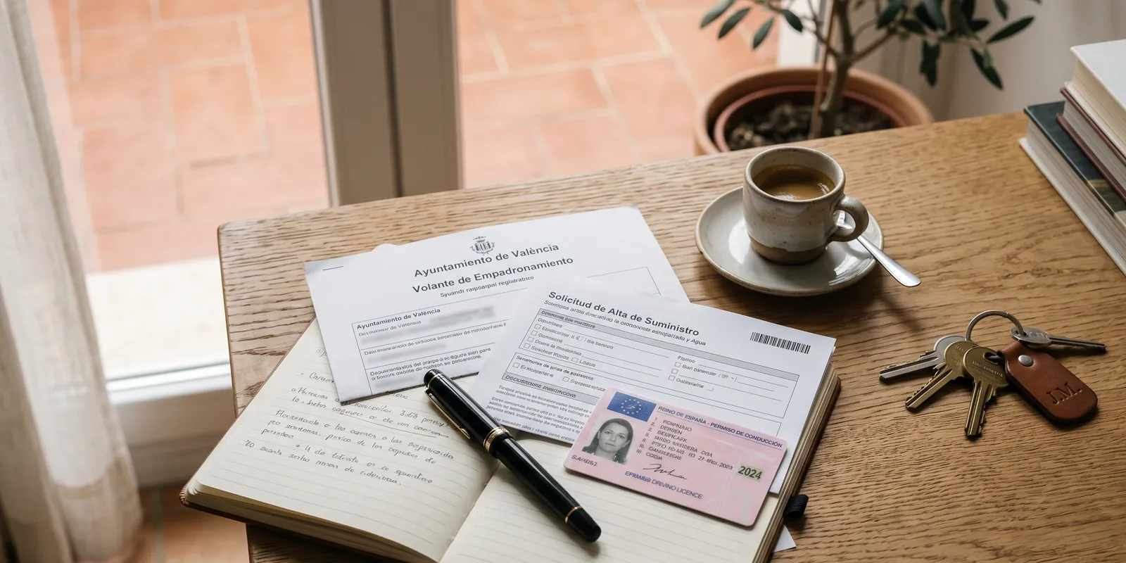 Town-hall registration and utility setup paperwork handled on an organised desk
